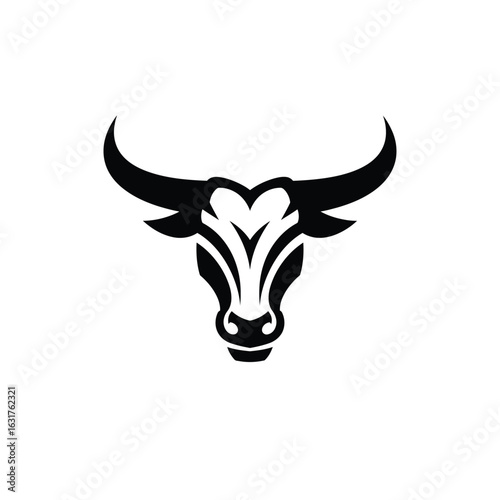 Powerful silhouette of a bull s head with large horns facing forward on a clean white background representing strength and determination