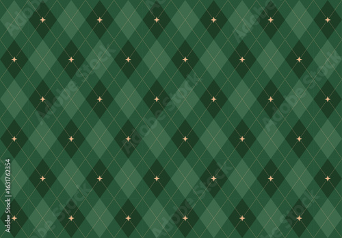Christmas rhombus seamless pattern. Xmas plaid texture with gold line and stars. Green argyle geometric diamond abstract pattern. Christmas wrapping. Vector illustration isolated on green background.