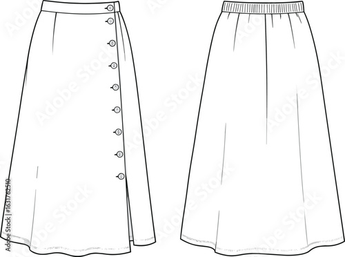 A-line midi skirt with side button closure, elastic waistband back view, fashion flat sketch, CAD technical drawing, apparel vector illustration, front and back garment template