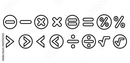 Math Line Icon Set Featuring Arithmetic Operations and Geometric Symbols Vector Design Collections Isolated White Background
