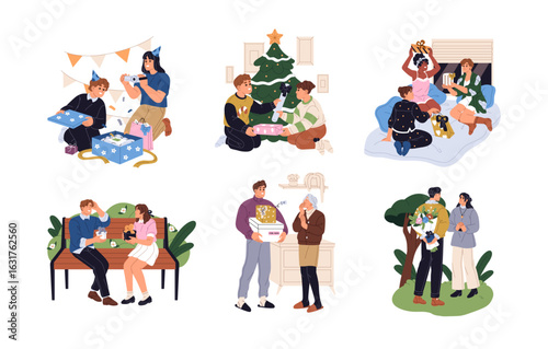 People give festive gifts set. Happy men, women and kids make surprises for the holiday, exchange Christmas presents, open birthday giftboxes. Flat isolated vector illustrations on white background