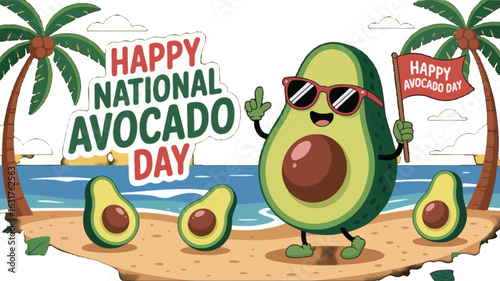 Cartoon avocado celebrating National Avocado Day on a tropical beach happy