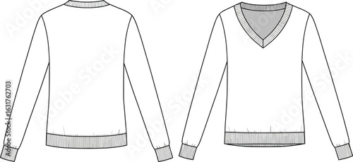V-neck sweater cad sketch, flat fashion technical drawing, front and back vector template, knitwear ribbed trim jumper, casual pullover design illustration