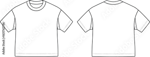 Boxy cropped t-shirt flat sketch front and back, fashion CAD drawing, short sleeve women’s tee template, casual wear design