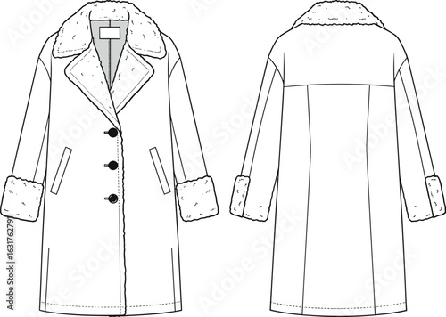 Shearling coat flat sketch, technical fashion drawing template, winter outerwear cad illustration, cozy fur collar and cuff, front back vector design