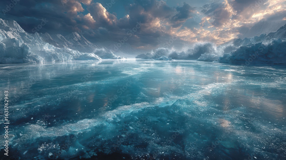 Fototapeta premium Serene ice landscape reflecting dramatic clouds and shimmering waters at twilight in a polar region