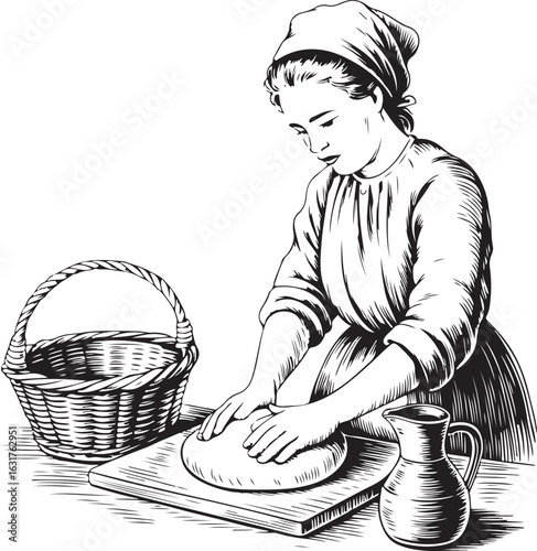 Rustic Kitchen Woman Kneading Dough with Bread and Jug Black and White Illustration