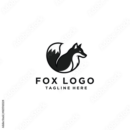 Stylized silhouette of a sitting fox with a bushy tail and alert ears isolated on white background