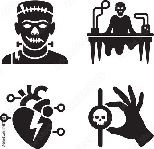 Frankenstein, horror, icon, set, science, fiction, silhouette, vector, black, isolated, illustration, design, monster, experiment, mad, scientist