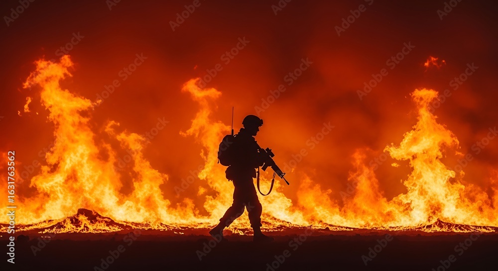 Obraz premium Silhouette of a soldier amidst intense flames.