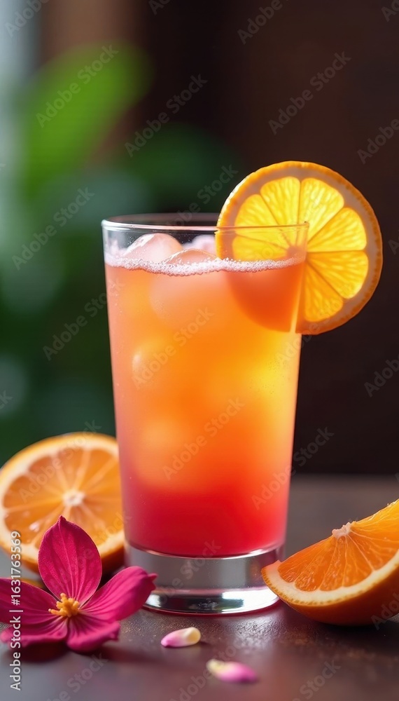 Fototapeta premium Sunset-hued cocktails, delicate paper blooms, citrus slices, ice, refreshing, cocktail