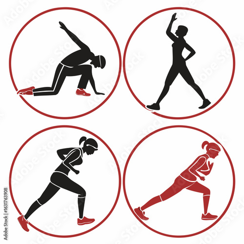 Set of fitness and exercise silhouettes in circles isolated on white background