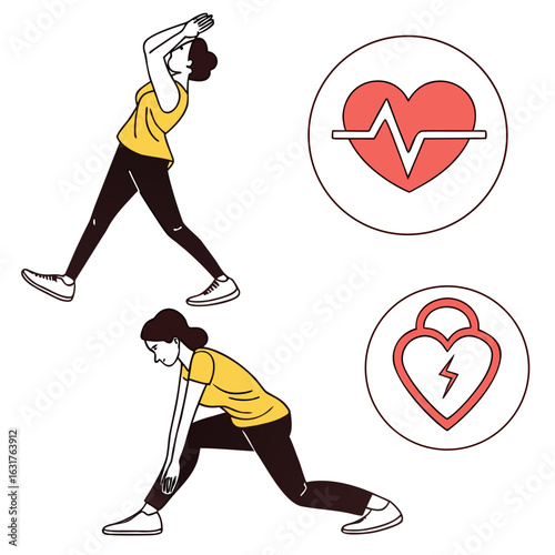 Fitness and yoga exercise icons set with woman stretching isolated on white background