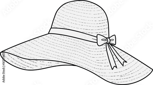 Wide brim sun hat, elegant ribbon bow, women’s summer accessory, CAD fashion sketch, vector flat drawing, stylish beach hat illustration, hand-drawn outline design