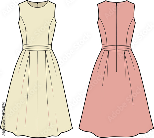 Sleeveless dress flat sketch, women’s dress CAD template, A-line dress illustration, fashion technical drawing, back and front view, sewing design reference, vector