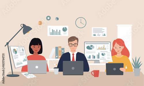 Flat illustration of multiethnic business team focusing on laptops and graphs, suitable for work reports, corporate blogs, and digital work