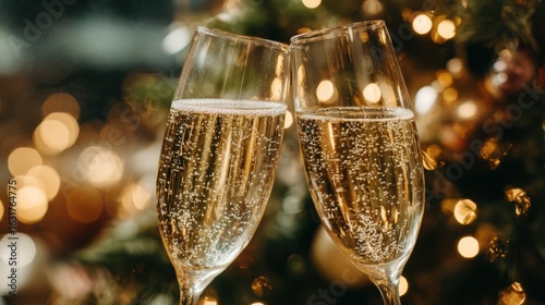 Two flutes filled with sparkling beverages clink together, creating a moment of celebration surrounded by soft glowing lights and festive decorations