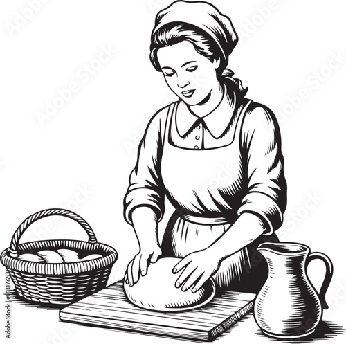 Woman Kneading Dough with Bread Basket and Water Jug Monochrome Drawing