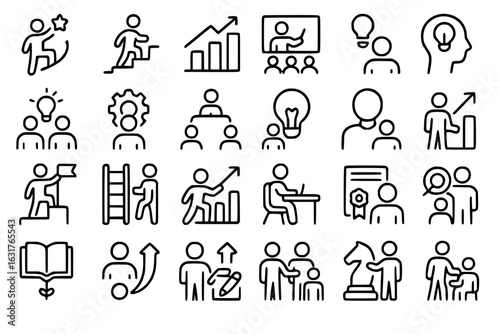 Upskill Web Icon Set in Line Style. Business Growth and Teamwork Icons