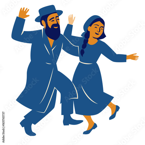 Cartoon Illustration of Jewish couple dancing celebrating Jewish wedding, Simchat torah and Sukkot