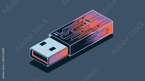 Top view USB stick with glitch effects and abstract circuits – Perfect for futuristic tech visuals, system error designs, or digital art themes
