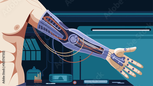 Cybernetic prosthetic arm in dimly lit environment – Ideal for science fiction, concept design, or cybernetic enhancement topics