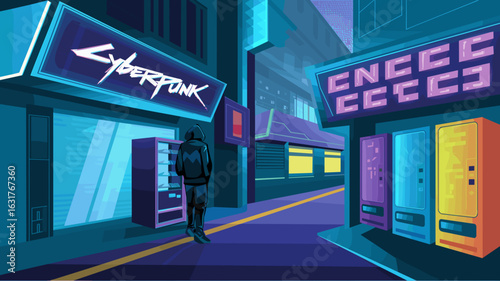 Futuristic alley with neon signage and figure in hoodie – Suitable for cyberpunk storytelling, graphic novels, or game concept art
