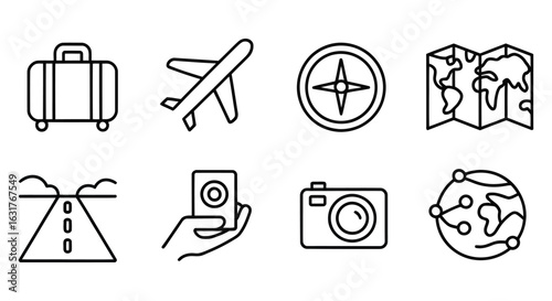 Travel icons airplane suitcase compass map road camera globe
