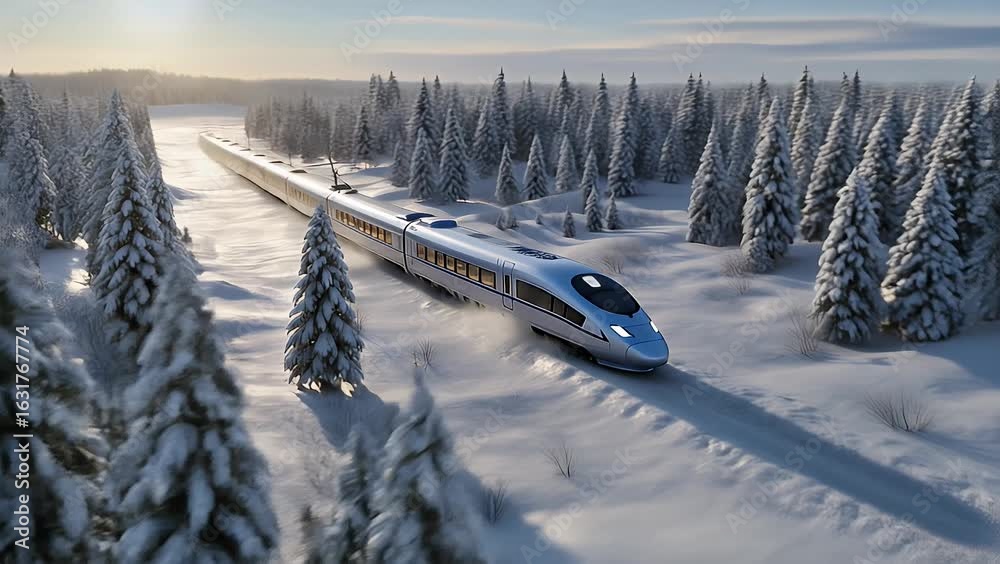 custom made wallpaper toronto digitalHigh-speed train passing through snowy forest during sunrise