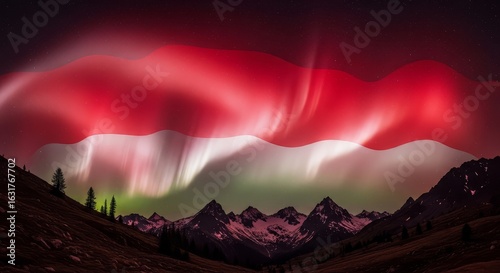 Aurora borealis displays a vibrant red and green light show over a mountain range, resembling the Hungarian flag.