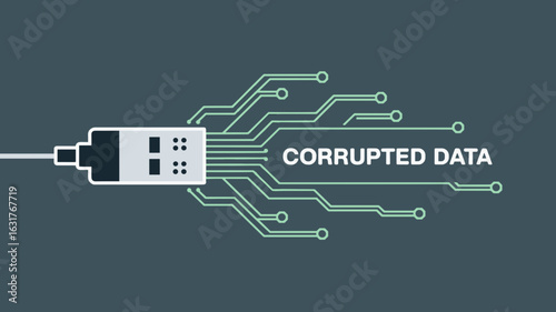 USB stick plugged in with “Corrupted Data” message – Great for data loss education, virus illustration, or system failure content