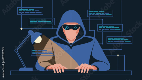 Hacker in dim room with code lines and single light source – Perfect for hacking concepts, privacy education, or cybercrime topics