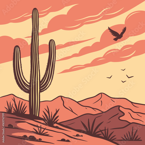 Stylized desert landscape with saguaro cactus and soaring bird