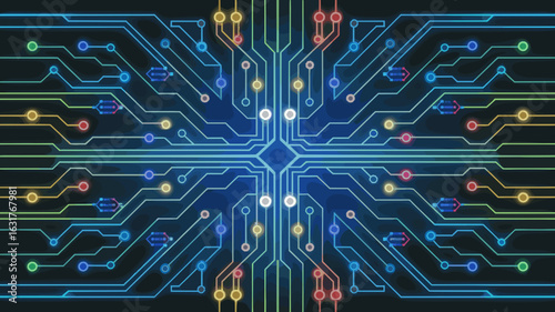 Neon blue circuit board pattern with colorful electronic components – great for high-tech themes