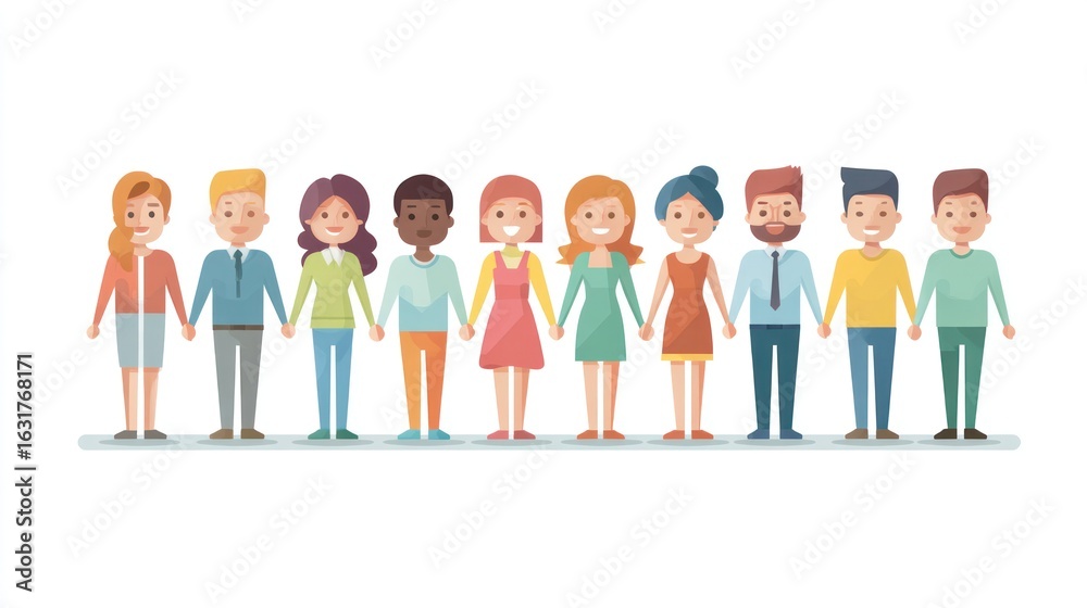 Diverse group of cartoon people holding hands, standing in a line against white background