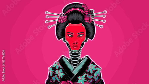 Neon robotic geisha with red face on vibrant pink background – Perfect for synthwave merchandise, digital art campaigns, or tech-noir storytelling