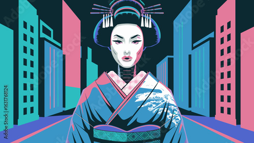 Neon robotic geisha in blue kimono with white makeup – Ideal for fashion-forward sci-fi art, digital wallpaper collections, or pop culture branding