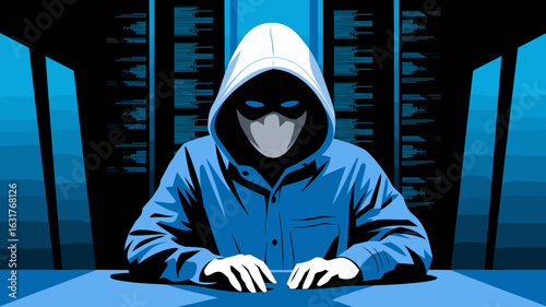 Hacker avatar surrounded by digital data streams – Ideal for infosec content, network security promotions, or data-themed visuals