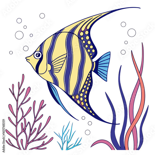 Colorful angelfish swimming in an aquarium with plants and bubbles