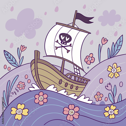 Whimsical pirate ship sails through a sea of flowers and gentle waves