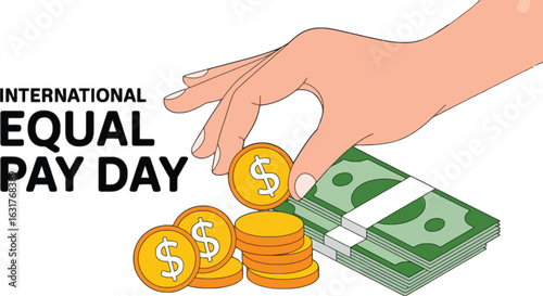 Hand holding coins and banknotes for International Equal Pay Day concept gender pay gap finance