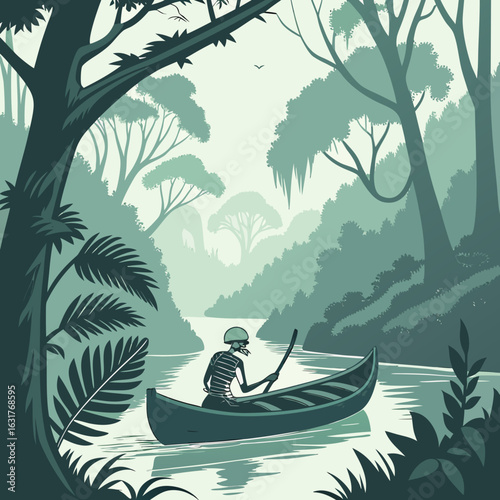 Skeleton paddling a canoe through a misty jungle river