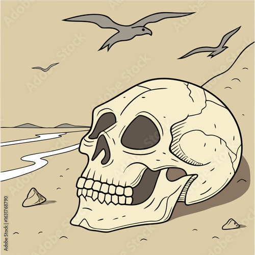 Human skull rests on sandy ground with birds flying overhead
