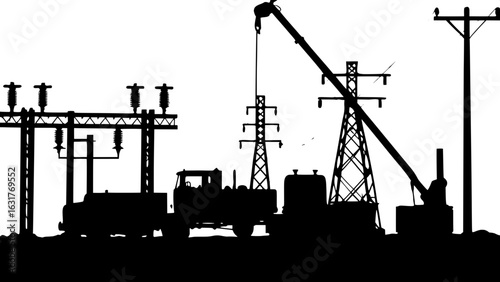 "Elevated view of an electrical grid construction site in black and white silhouette. Power lines, towers, crane machinery, and a flatbed truck are arranged horizontally. Emphasizes technical precisio