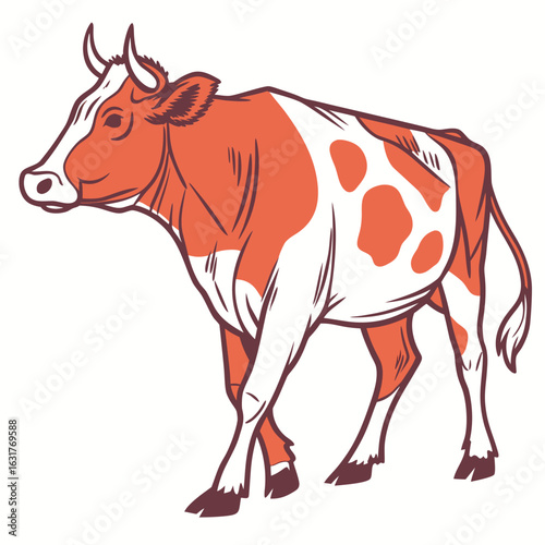 A stylized illustration of a brown and white cow walking, isolated on white background