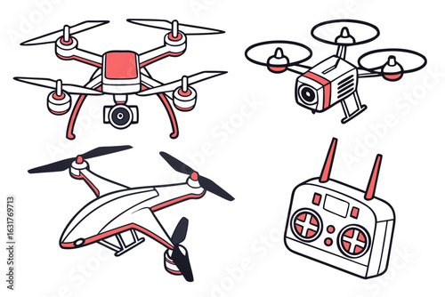 Set of drones and remote control isolated on white background