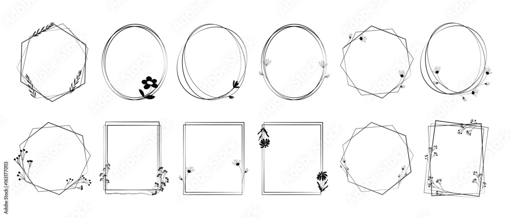 Fototapeta premium Decorative frames of various shapes with flowers in a minimalist style. Vector illustration of line art
