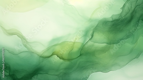 Deep green fluid ink backdrop with floating gold foil streaks and organic watercolor stains, misty dusty grey tones blending into marble swirls, full frame