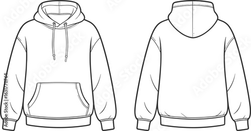 Pullover hoodie flat sketch front and back, vector template with drawstring hood and pocket, fashion CAD, clothing illustration