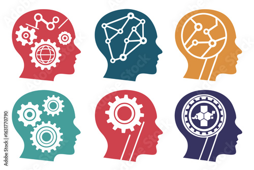 Set of icons representing human head with gears and networks